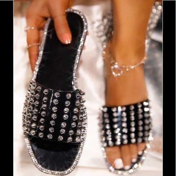 Spiked Black Jelly Rhinestone Slides Sandals - Picture 1 of 1
